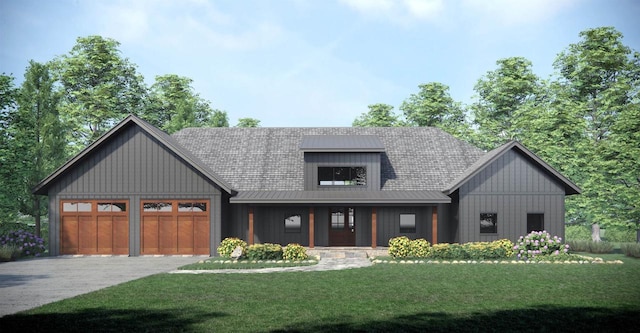 modern inspired farmhouse featuring driveway, board and batten siding, a front yard, an attached garage, and metal roof