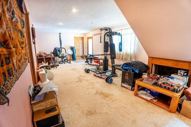 exercise area featuring a textured ceiling and carpet