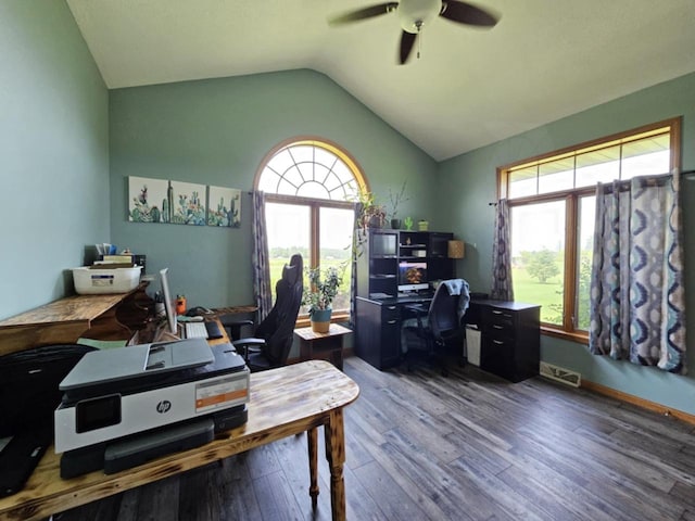 office featuring visible vents, a healthy amount of sunlight, lofted ceiling, and wood finished floors