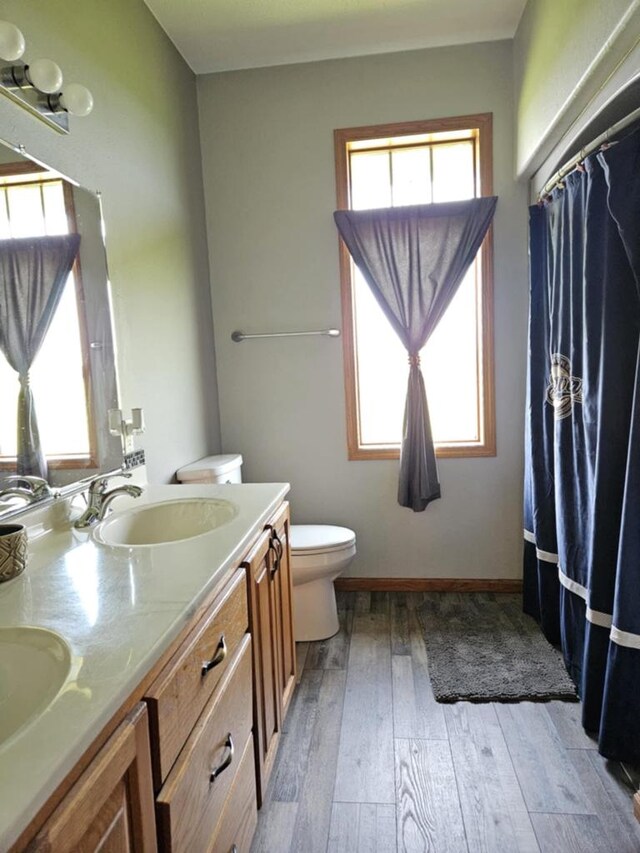 bathroom featuring a sink, wood-type flooring, toilet, and double vanity