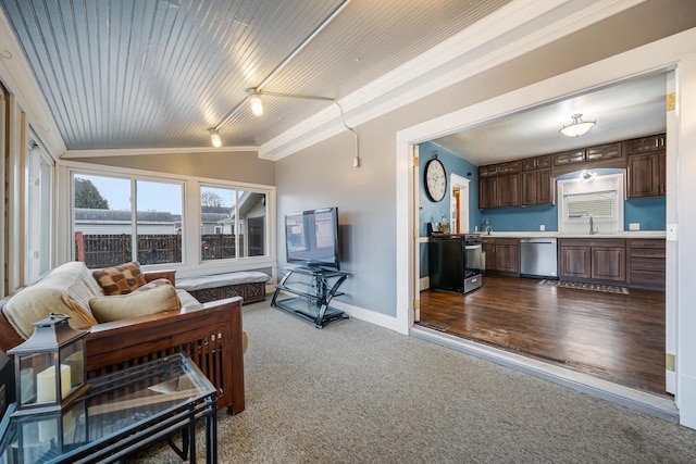 living room featuring baseboards, wooden ceiling, dark carpet, and vaulted ceiling