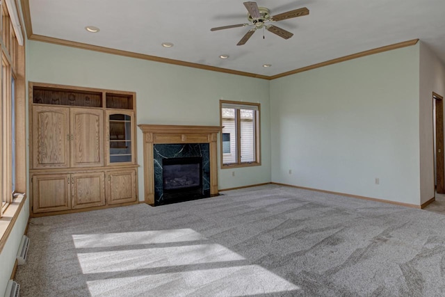 unfurnished living room with baseboards, light carpet, and a fireplace