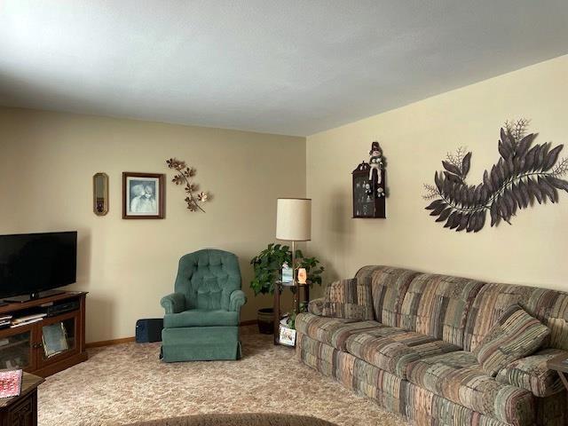 carpeted living area featuring baseboards