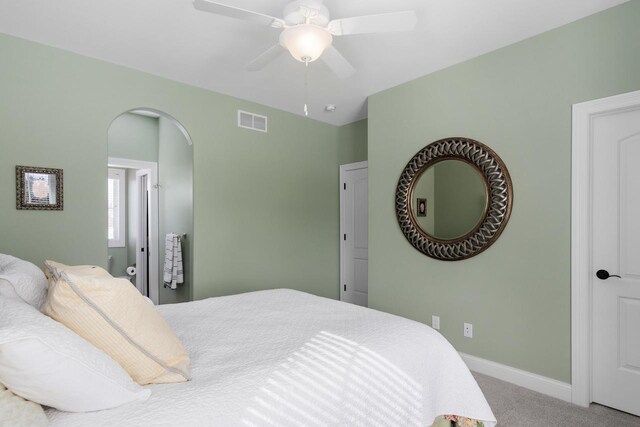 784 Westbridge Trl, Waunakee, WI 53597 - bedroom featuring visible vents, ceiling fan, baseboards, carpet, and arched walkways