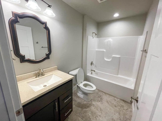 full bathroom featuring visible vents, toilet, vanity, and shower / bathtub combination