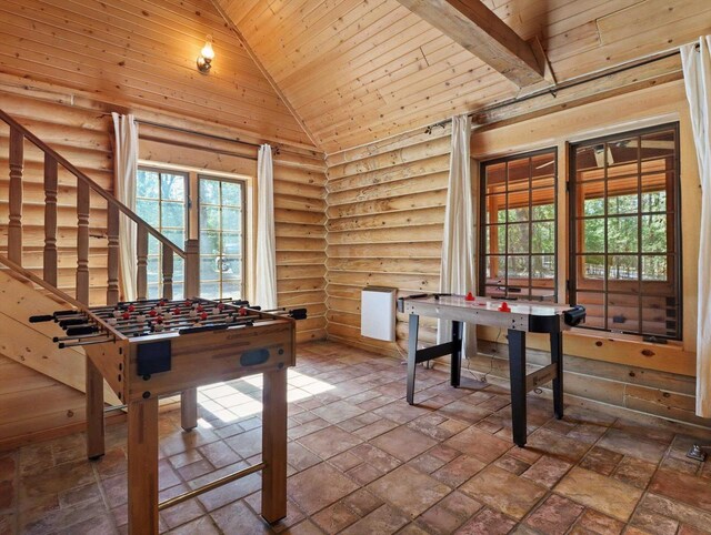 W3864 W Lemonweir Ct, Mauston, WI 53948 - game room featuring rustic walls, high vaulted ceiling, and wood ceiling