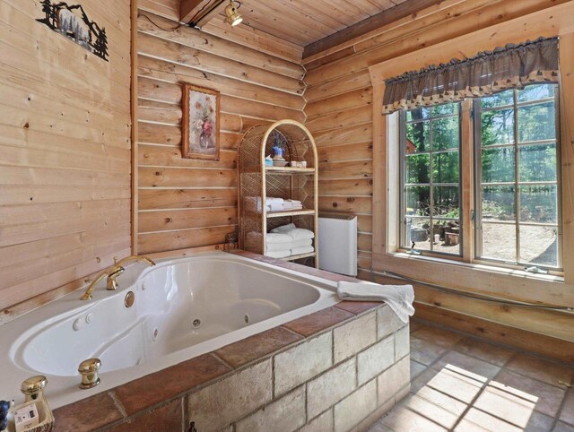 W3864 W Lemonweir Ct, Mauston, WI 53948 - bathroom featuring a tub with jets, log walls, and wooden ceiling