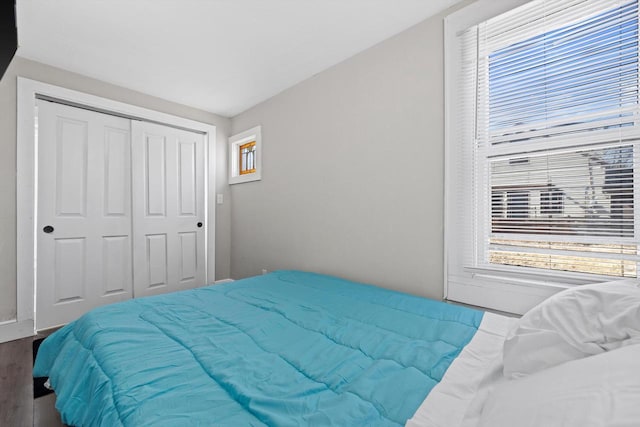 bedroom with a closet and dark wood finished floors