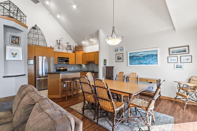 dining space featuring rail lighting, wood finished floors, and high vaulted ceiling