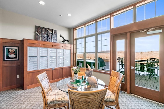 carpeted dining area featuring recessed lighting and mail area