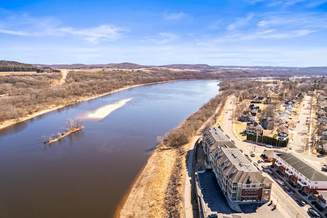 drone / aerial view featuring a water view