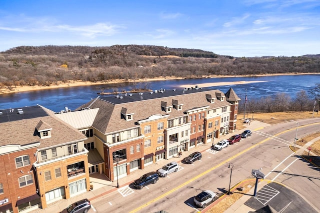 aerial view featuring a water view