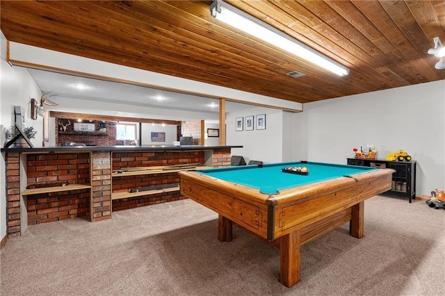 recreation room featuring wooden ceiling, billiards, visible vents, and carpet floors