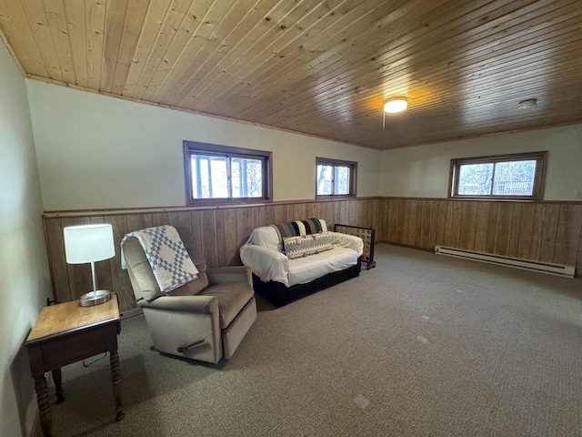 living area featuring a baseboard radiator, wooden walls, wood ceiling, and wainscoting