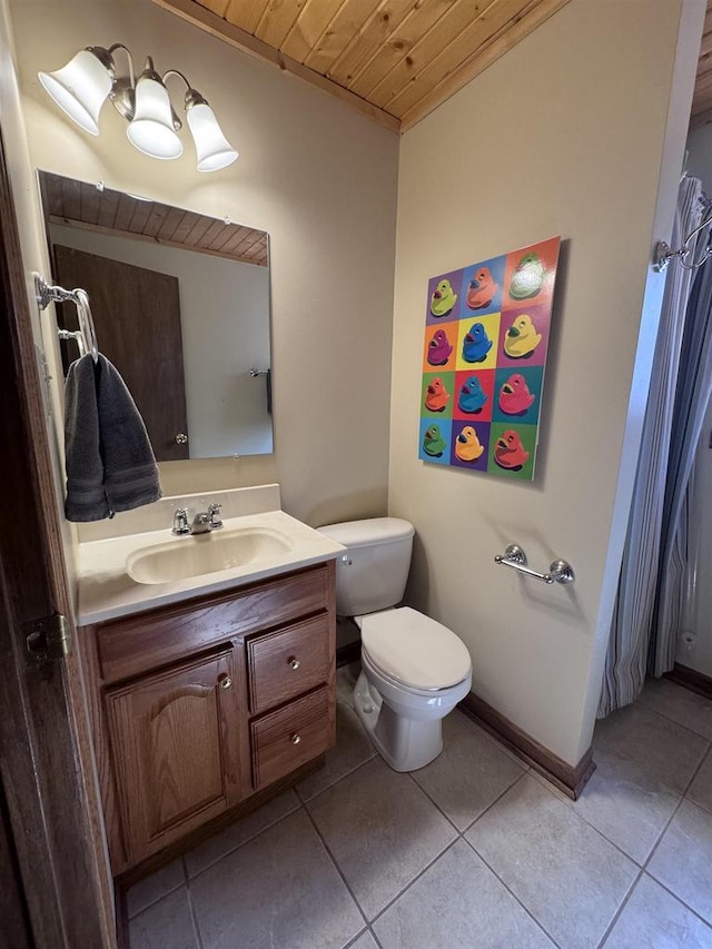 bathroom with vanity, baseboards, tile patterned floors, toilet, and wooden ceiling