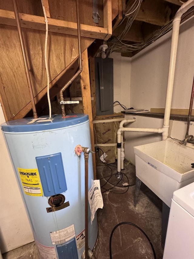 utility room featuring electric panel, electric water heater, and a sink