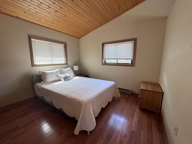 bedroom featuring dark wood-style floors, baseboard heating, wooden ceiling, and vaulted ceiling