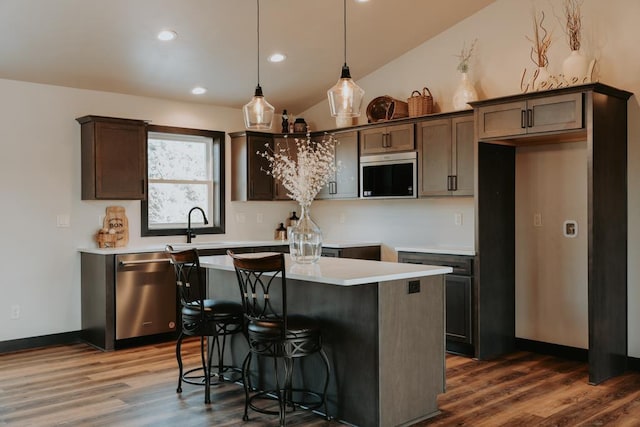 kitchen with wood finished floors, stainless steel appliances, dark brown cabinetry, a kitchen bar, and a center island