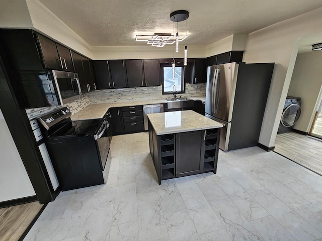 kitchen with marble finish floor, open shelves, tasteful backsplash, a center island, and stainless steel appliances