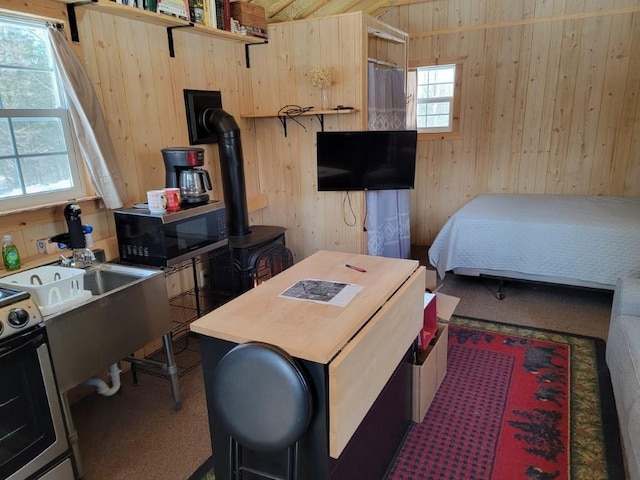 bedroom featuring wooden walls and a wood stove