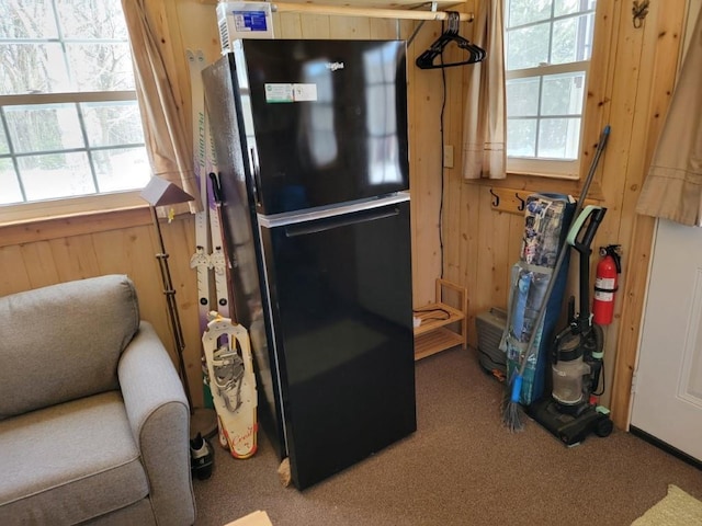 interior space featuring wooden walls, carpet, and freestanding refrigerator