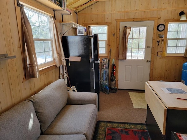 interior space featuring wood walls, lofted ceiling, a healthy amount of sunlight, and carpet floors