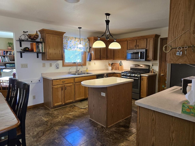 kitchen featuring brown cabinets, a sink, a center island, stainless steel appliances, and light countertops