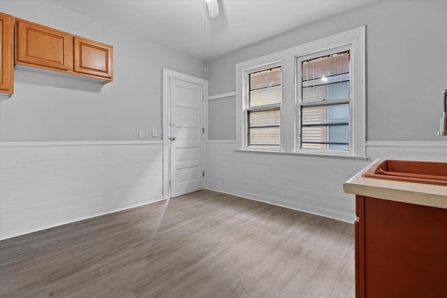 empty room featuring a sink, a ceiling fan, wood finished floors, and wainscoting