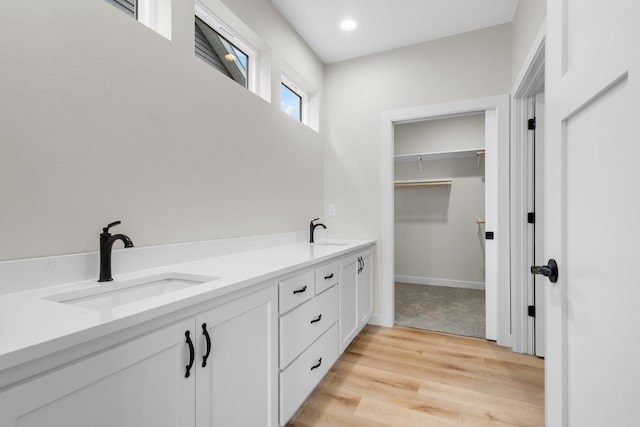 bathroom featuring double vanity, wood finished floors, a walk in closet, and a sink