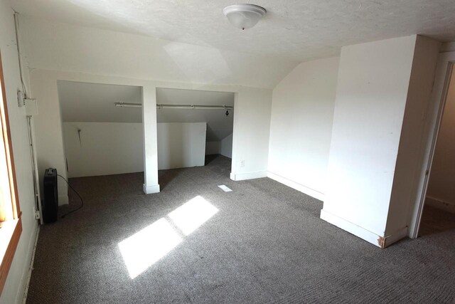 unfurnished bedroom featuring carpet floors, a textured ceiling, multiple closets, and vaulted ceiling