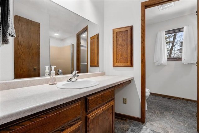 bathroom featuring visible vents, baseboards, toilet, a stall shower, and vanity