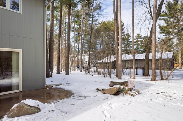 yard layered in snow with a garage