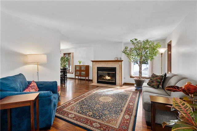 living area with a fireplace with flush hearth and wood finished floors