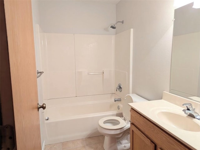 bathroom with tile patterned flooring, shower / washtub combination, toilet, and vanity