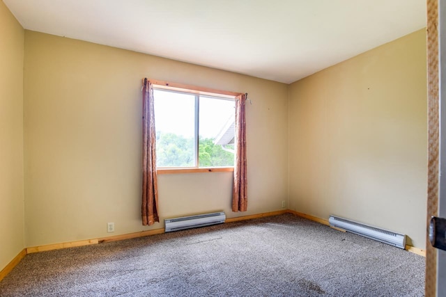 carpeted empty room with baseboard heating and baseboards