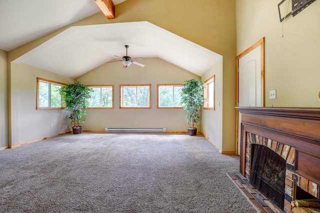 carpeted living area featuring ceiling fan, baseboards, lofted ceiling, baseboard heating, and a fireplace