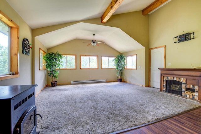 living room with a ceiling fan, carpet floors, vaulted ceiling with beams, a fireplace, and baseboard heating