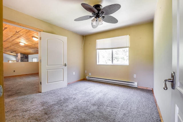 spare room featuring ceiling fan, carpet flooring, baseboards, and a baseboard radiator