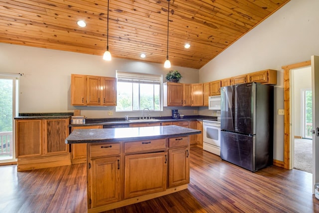 kitchen with white appliances, a sink, wood ceiling, dark countertops, and a center island