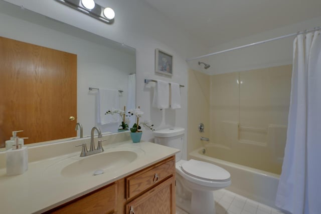 bathroom with tile patterned flooring, shower / bath combination with curtain, toilet, and vanity