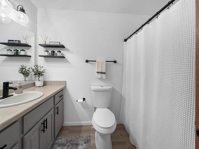 full bath featuring toilet, vanity, and baseboards