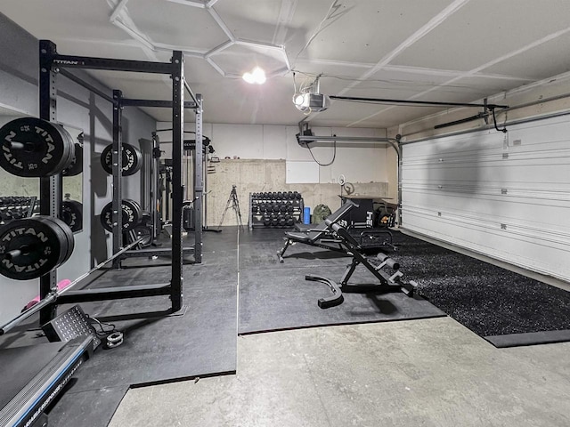 exercise room featuring a garage