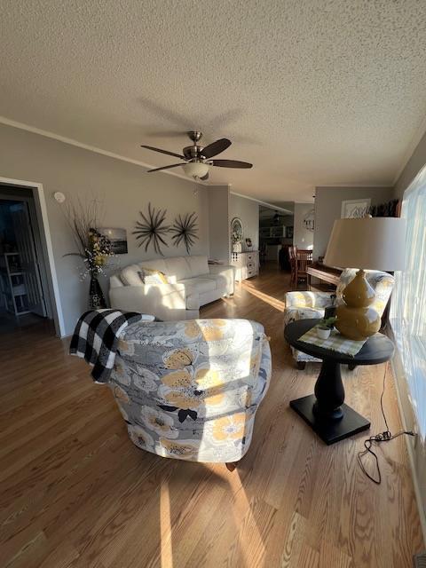 living area with ceiling fan, a textured ceiling, and wood finished floors