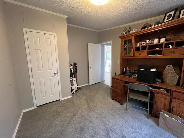 carpeted office space featuring a textured ceiling, baseboards, and ornamental molding