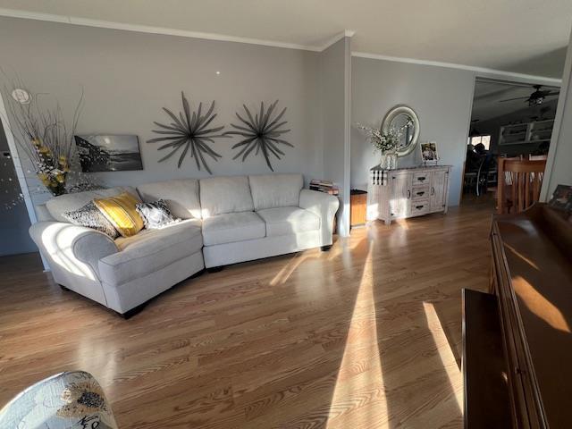 living room with crown molding, ceiling fan, and wood finished floors