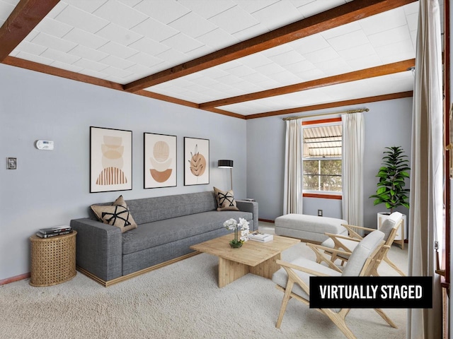 carpeted living area featuring beamed ceiling and baseboards