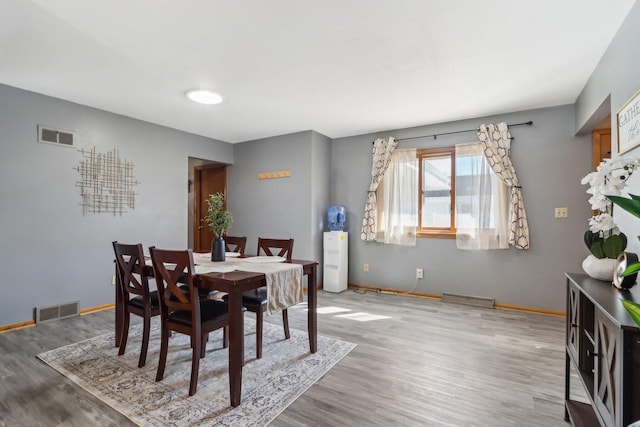 dining area with wood finished floors, visible vents, and baseboards