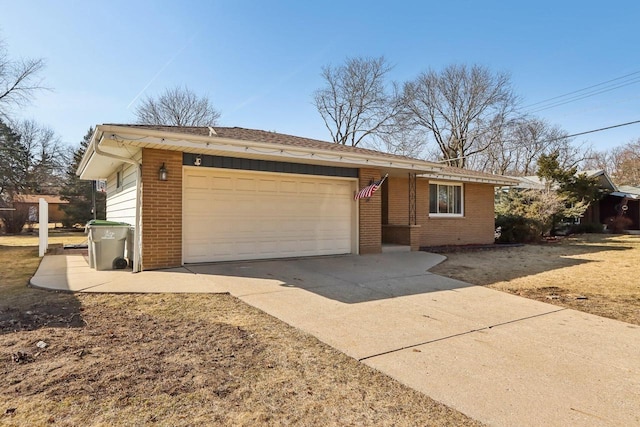 ranch-style home featuring driveway, brick siding, and an attached garage