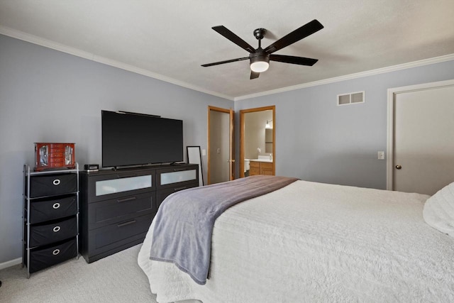 bedroom with light carpet, visible vents, a ceiling fan, and ornamental molding