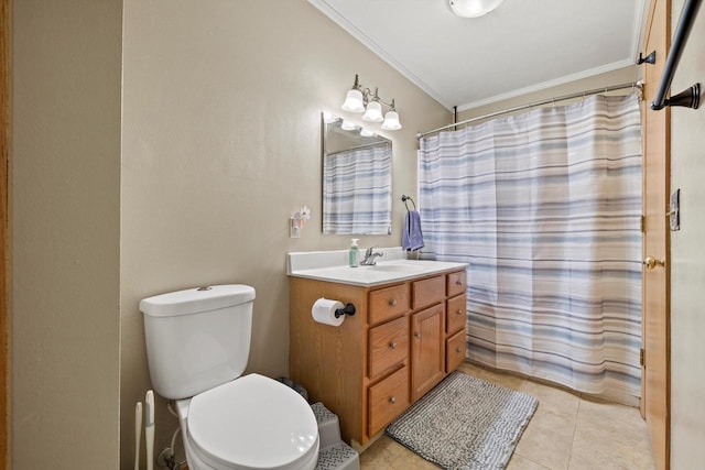 bathroom featuring tile patterned floors, toilet, ornamental molding, curtained shower, and vanity